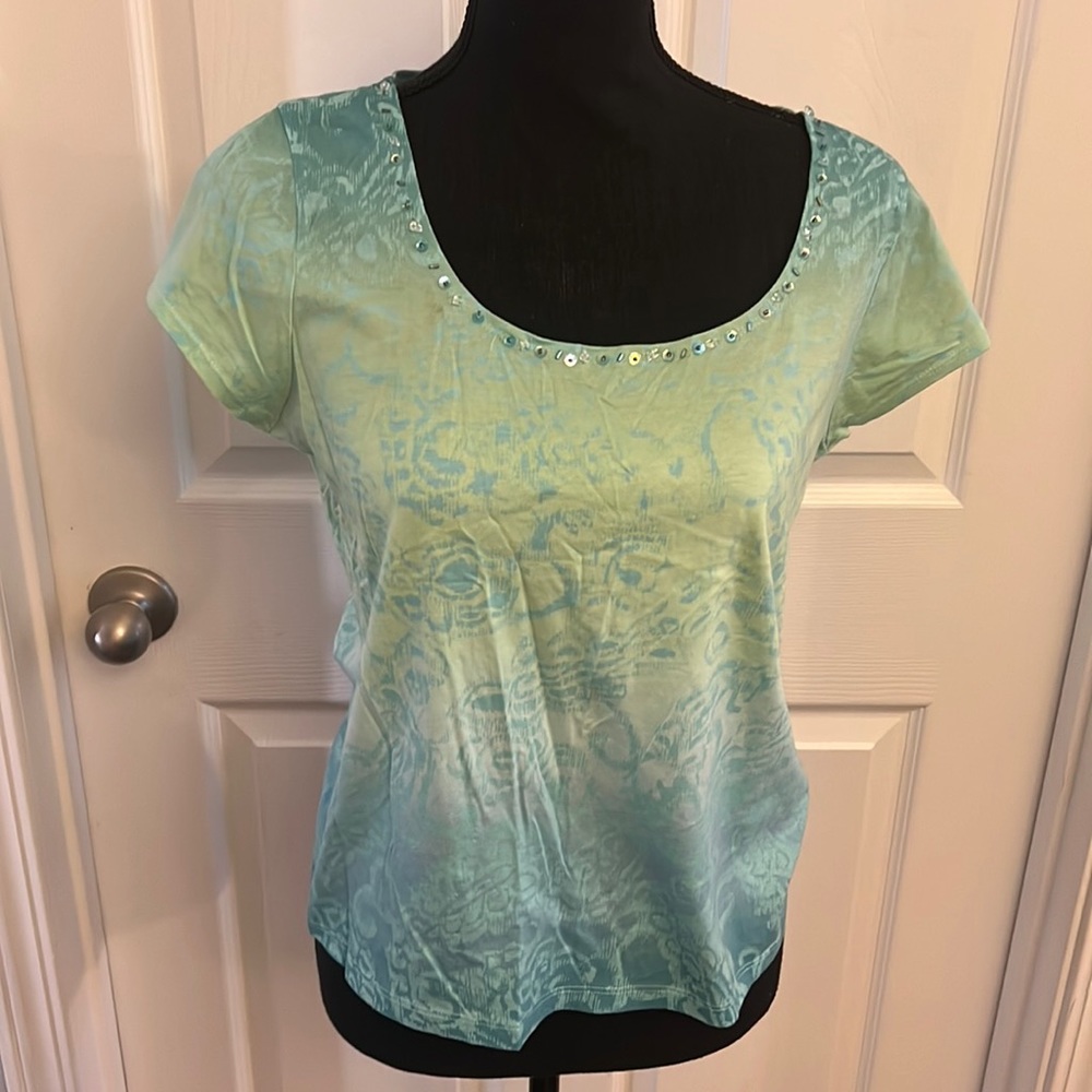 Blue and Green Shirt with Beaded Neckline